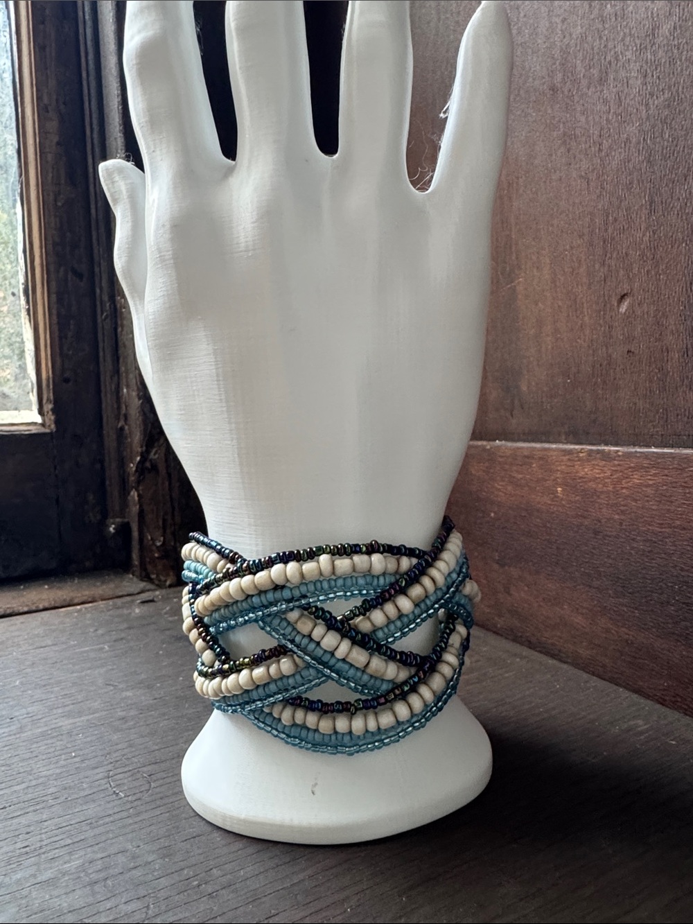 Handmade Boho Beaded Cuff 2’ Bracelet Blue White Seed Beads Artisan Festival